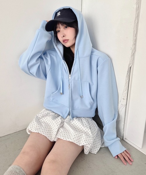 CHOPOVA LOWENA フード付きライトブルーパーカー Loueme パーカー ダブルジップショートパーカー レディース : ZOZOTOWN
