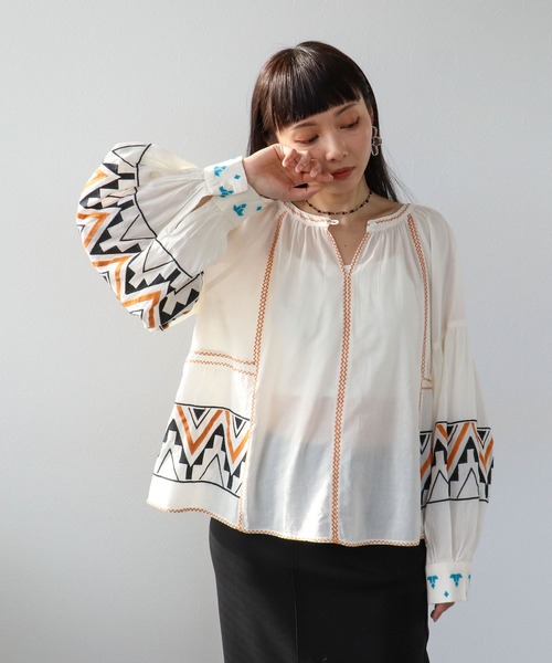 jnhearts JNH 刺繍ロゴブラウス　ネイビー　フリーサイズ Three Four Time（スリーフォータイム） ブラウス シャツ コットン