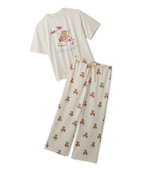 パジャマ ルームウェア 「ONLINE限定」「接触冷感」サマーベア柄ワンポイントTシャツ＆ロングパンツセット レディースの画像
