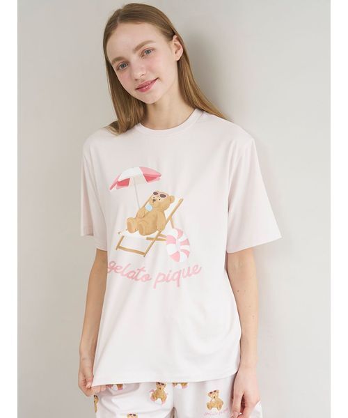 パジャマ ルームウェア 「ONLINE限定」「接触冷感」サマーベア柄ワンポイントTシャツ＆ロングパンツセット レディースの画像