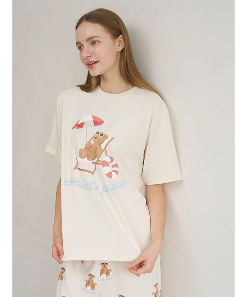 パジャマ ルームウェア 「ONLINE限定」「接触冷感」サマーベア柄ワンポイントTシャツ＆ロングパンツセット レディースの画像
