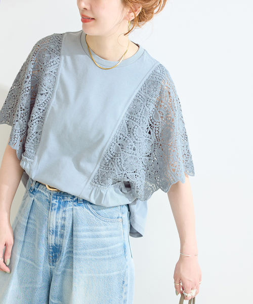 tシャツ 手洗い可 / 接触冷感 / レーススリーブドルマントップス レディースの画像