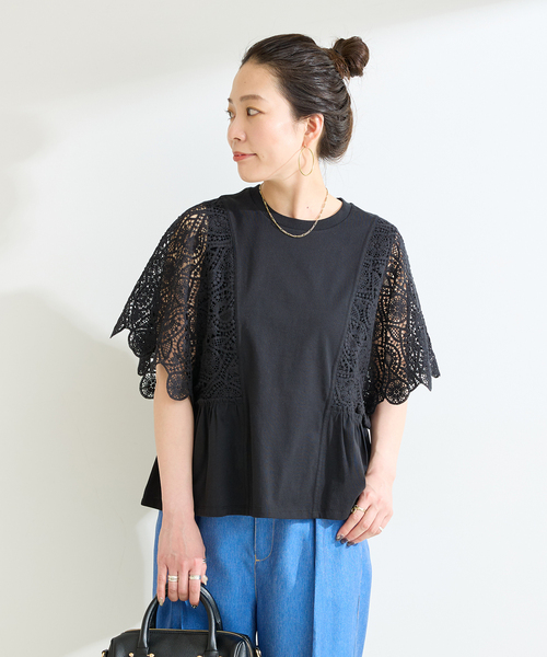 tシャツ 手洗い可 / 接触冷感 / レーススリーブドルマントップス レディースの画像