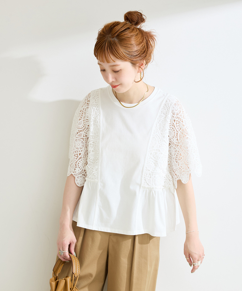 tシャツ 手洗い可 / 接触冷感 / レーススリーブドルマントップス レディースの画像
