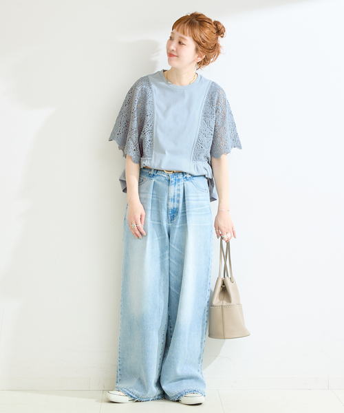 tシャツ 手洗い可 / 接触冷感 / レーススリーブドルマントップス レディースの画像