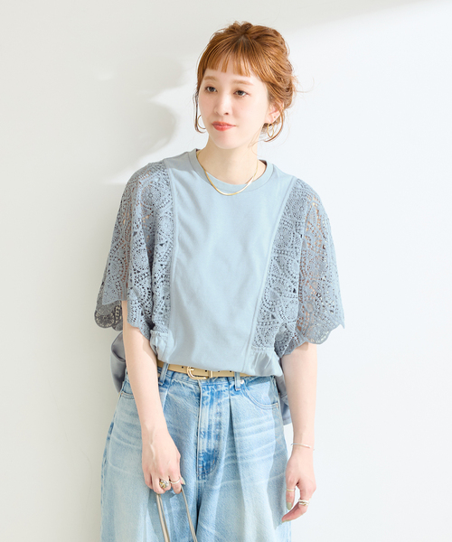 tシャツ 手洗い可 / 接触冷感 / レーススリーブドルマントップス レディースの画像