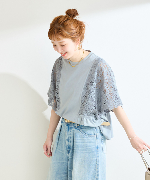 tシャツ 手洗い可 / 接触冷感 / レーススリーブドルマントップス レディースの画像