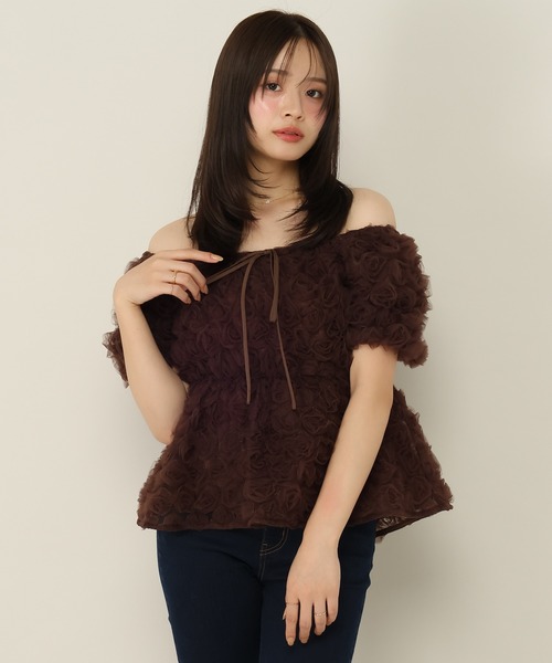 未使用★シズカコムロ　フラワー刺繍チュール　ブラウス　半袖　42 Heather（ヘザー） ブラウス シャツ 半袖 フラワーチュールブラウス