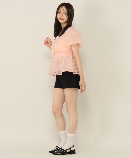 未使用★シズカコムロ　フラワー刺繍チュール　ブラウス　半袖　42 Heather（ヘザー） ブラウス シャツ 半袖 フラワーチュールブラウス