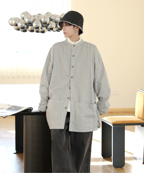 「neos」 「Garson Wave」長袖シャツ MEDIUM ネイビー×ホワイト メンズ_画像5