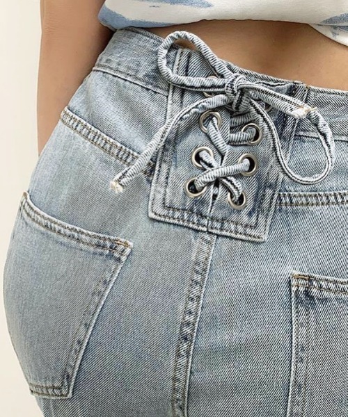 ADELLY レースアップワイドパンツ　デニムパンツ セール】【新色追加 】バックレースアップデニムワイドパンツ