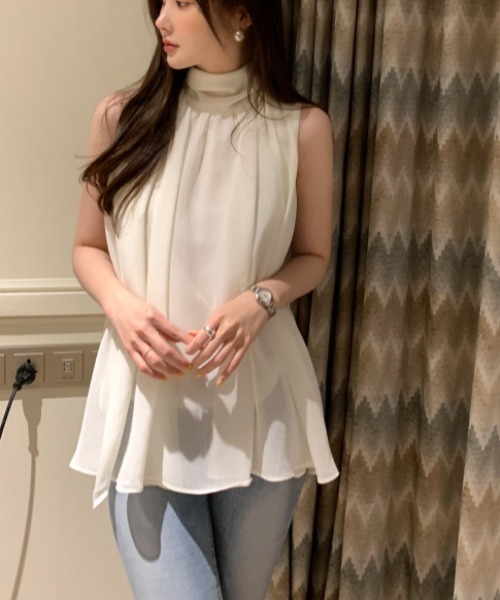 N.s ブラウス シャツ ハイネックバックリボンノースリーブシフォン 