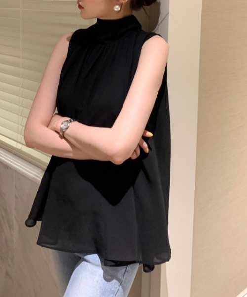N.s ブラウス シャツ ハイネックバックリボンノースリーブシフォン 
