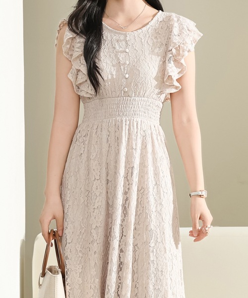 Lace Ladies ワンピース 花柄 総レース ラッフルフリル