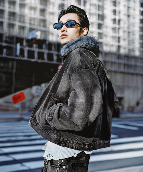 Ruelle】Denim Jacket with Faux Fur Collar / ブラストウォッシュ加工 