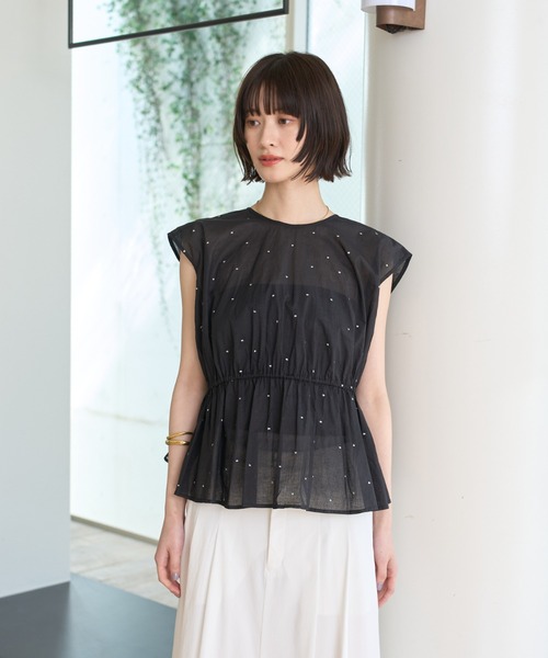 【新品】ドット刺繍シアーカットチュニック　ペプラム Rouge vif Anna ブラウス シャツ シルバードット刺繍ペプラム