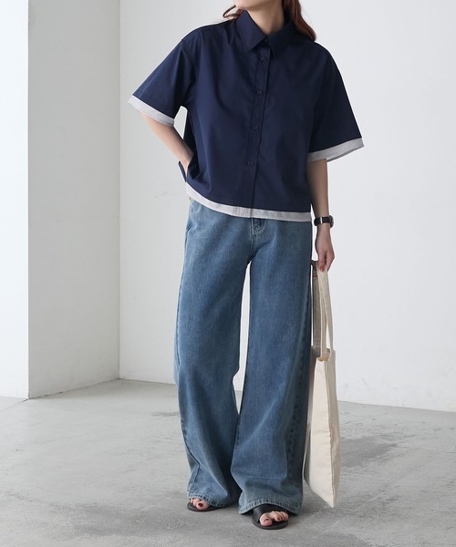 BONLECILL（ボンルシール） ブラウス シャツ シアー配色半袖クロップド