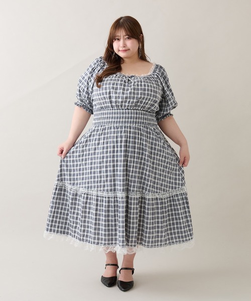 ルオシー louiosy レースティアードパフスリーブワンピ LL Louiosy ワンピース 「大きいサイズ」レースティアード