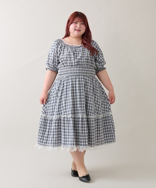 ルオシー louiosy レースティアードパフスリーブワンピ LL Louiosy ワンピース 「大きいサイズ」レースティアード