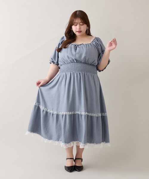 ルオシー louiosy レースティアードパフスリーブワンピ LL Louiosy ワンピース 「大きいサイズ」レースティアード
