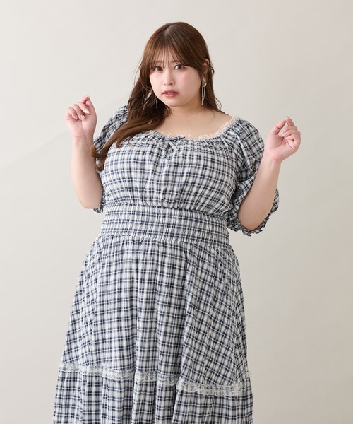 ルオシー louiosy レースティアードパフスリーブワンピ LL Louiosy ワンピース 「大きいサイズ」レースティアード