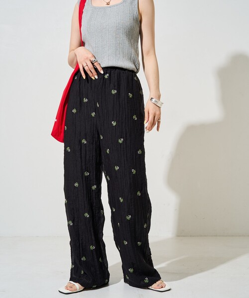 チェック柄ルーズフィットパンツ 翼刺繍 WidePantsチェック柄ルーズフィット和生地ダブルプリーツ春夏