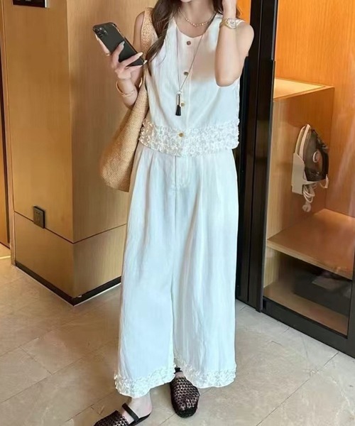 裾フリル前開きノースリーブ+ワイドパンツセットアップ レディース