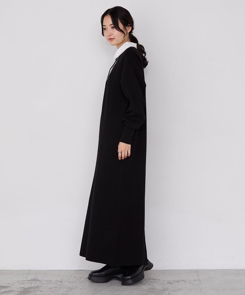 美品✨ フォクシー ニットワンピース 袖口プリーツ 長袖 バイカラー 黒 40 forksy.（フォルクシー） ワンピース 夏 「forksy.」バイカラー衿付き