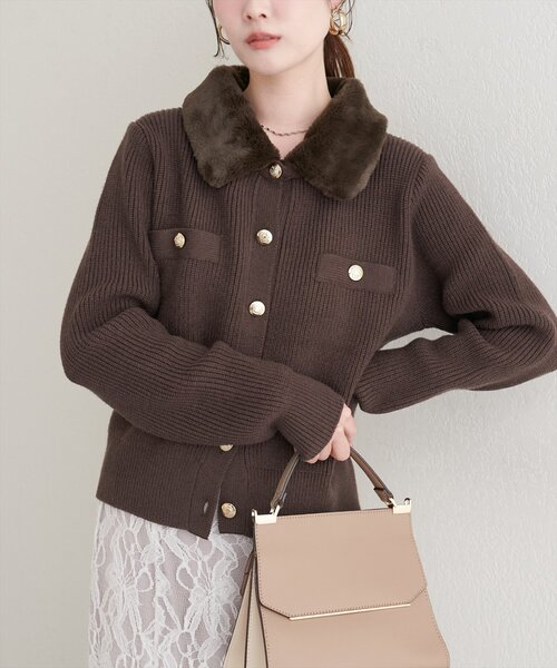 natural couture カーディガン 衿ファー付き片畦ニットカーディガン