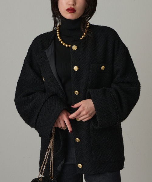 美品　ラウンジドレス　ノーカラー　ツイードジャケット　ブラック Loungedress（ラウンジドレス） ノーカラージャケット FREE ブラック