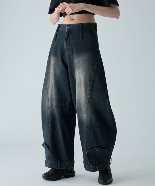 CIASENSE ワイドパンツ ジーンズ Design Belt Loop Curved Denim Pants