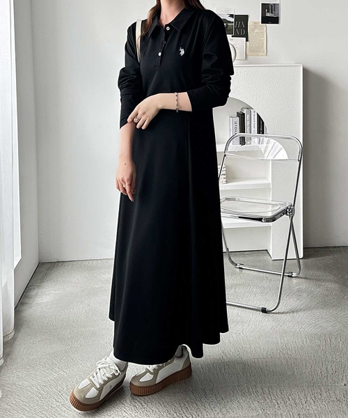 「U.S. POLO ASSN.」 長袖ワンピース LARGE ブラック レディース_画像2