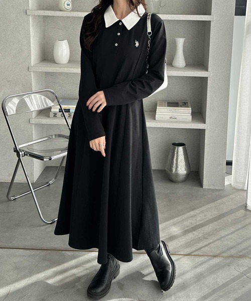 「U.S. POLO ASSN.」 長袖ワンピース LARGE ブラック レディース_画像6