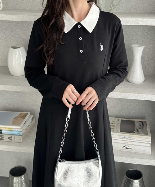「U.S. POLO ASSN.」 長袖ワンピース LARGE ブラック レディース_画像8