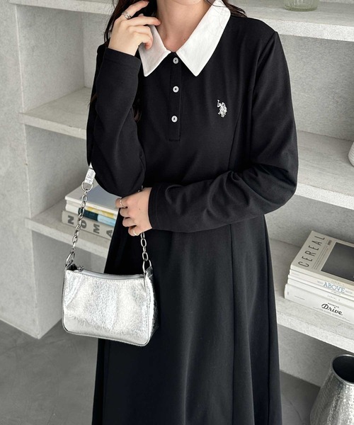 「U.S. POLO ASSN.」 長袖ワンピース LARGE ブラック レディース_画像9