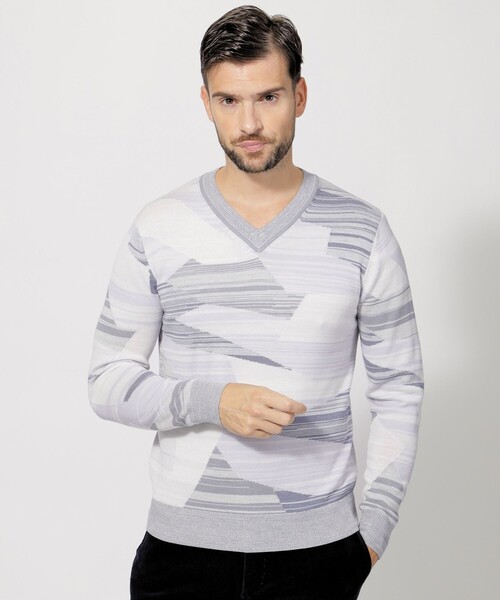 EPOCA UOMO セーター ニット インターシャVネックニット メンズ 