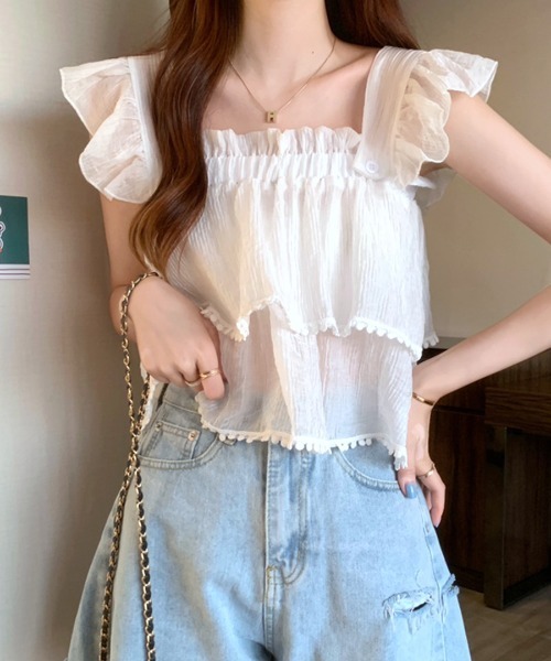 ブラウス シャツ 「25AW PRE-ORDER」2way Ruffle Gathers Tulle Tops/2WAYフリルギャザーチュールトップス MAISON SPECIAL（メゾンスペシャル）の「2way Tulle Frill Top
