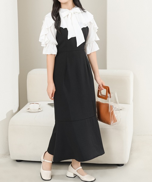 Lace Ladies ワンピース ボウタイ付き フリル カラー ドッキング
