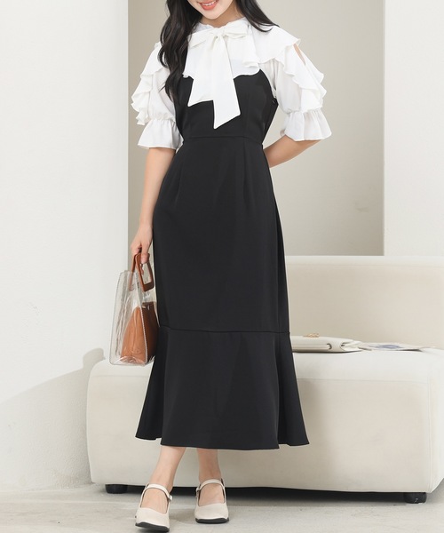 Lace Ladies ワンピース ボウタイ付き フリル カラー ドッキング