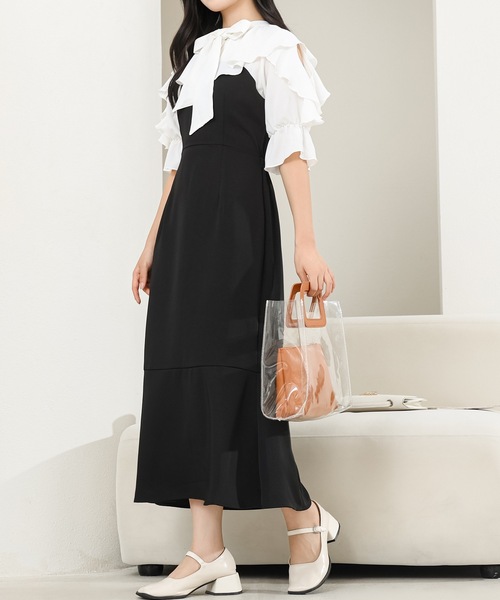 Lace Ladies ワンピース ボウタイ付き フリル カラー ドッキング