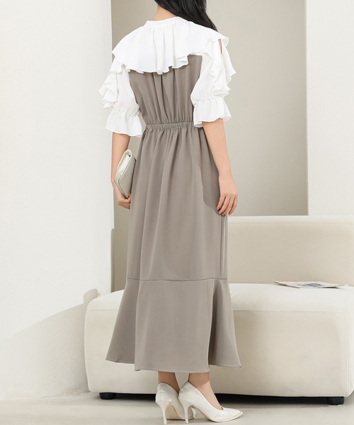 ワンピース ボウタイ レース ベルト フリル ミモレ丈 ドレープ Lace Ladies ワンピース ボウタイ付き フリル カラー ドッキング