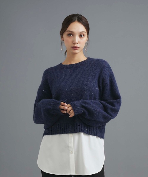 MORABITO スパンコール ラメ ベージュ かぎ編みニット コットン混 38 ラメリリーヤーンニットプルオーバー(ニット・セーター