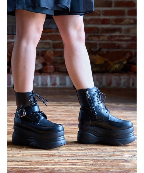 Mafmof（マフモフ） ブーツ 9cm厚底フラットソールベルトレースアップ