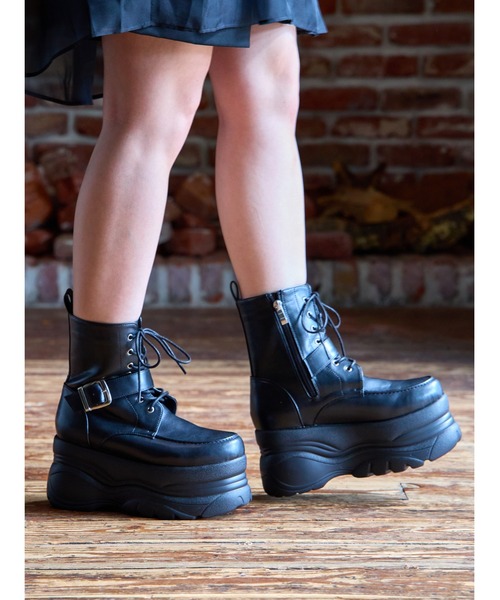 Mafmof（マフモフ） ブーツ 9cm厚底フラットソールベルトレースアップ