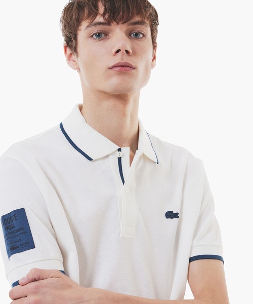 ラコステ　LACOSTE 半袖ポロシャツ　スリーブネームパッチ鹿の子ポロ セール】 スリーブネームパッチ 配色ライン鹿の子地ポロシャツ