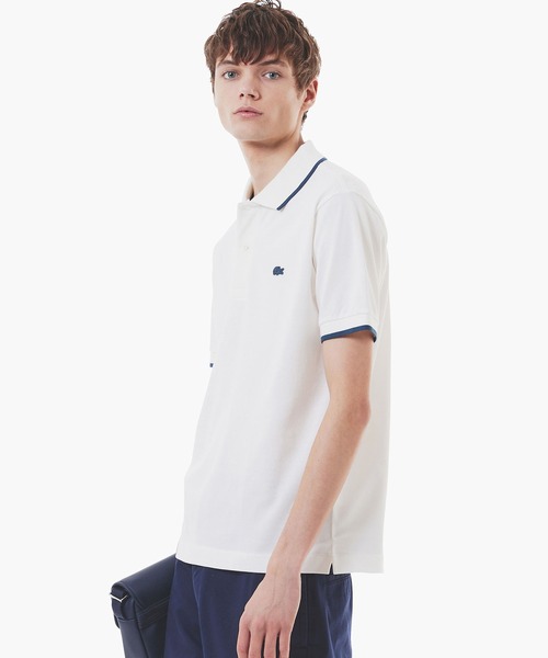 LACOSTE SPORT ポロシャツ サイズ5 ホワイト/ブルー チェック柄 LACOSTE ポロシャツ スリーブネームパッチ 配色ライン鹿の子地