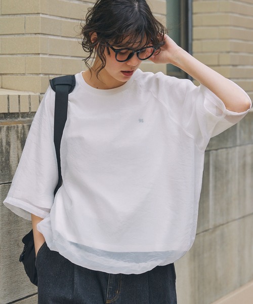 レイヤード Tシャツ tシャツ ナンバリング刺繍 ドローコード付き シアーレイヤードT