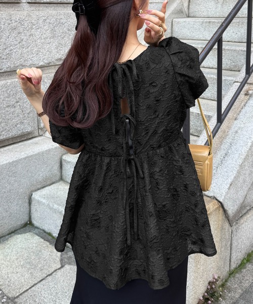 JUNOAH ブラウス シャツ ふくれジャガードバックリボンペプラム