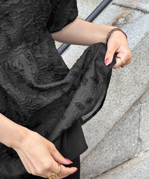 JUNOAH ブラウス シャツ ふくれジャガードバックリボンペプラム