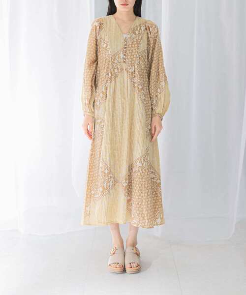 出品7/31まで Sara mallika ワンピース ワンピース sara mallika COTTON LUREX SCARF PRINT DRESS